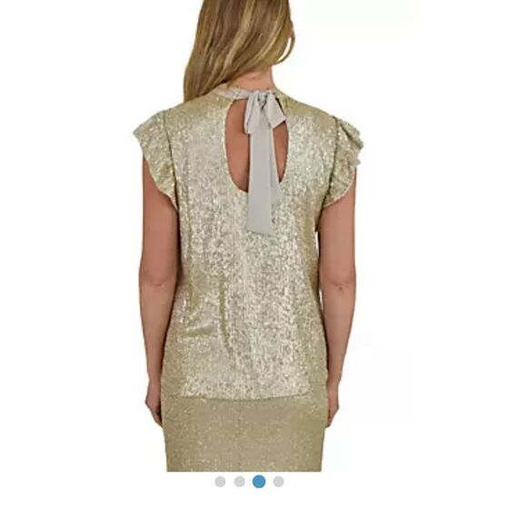 DR2 Champagne Gold matte sequin ruffle cap sleeve top  party holiday top S NWT - Picture 2 of 14